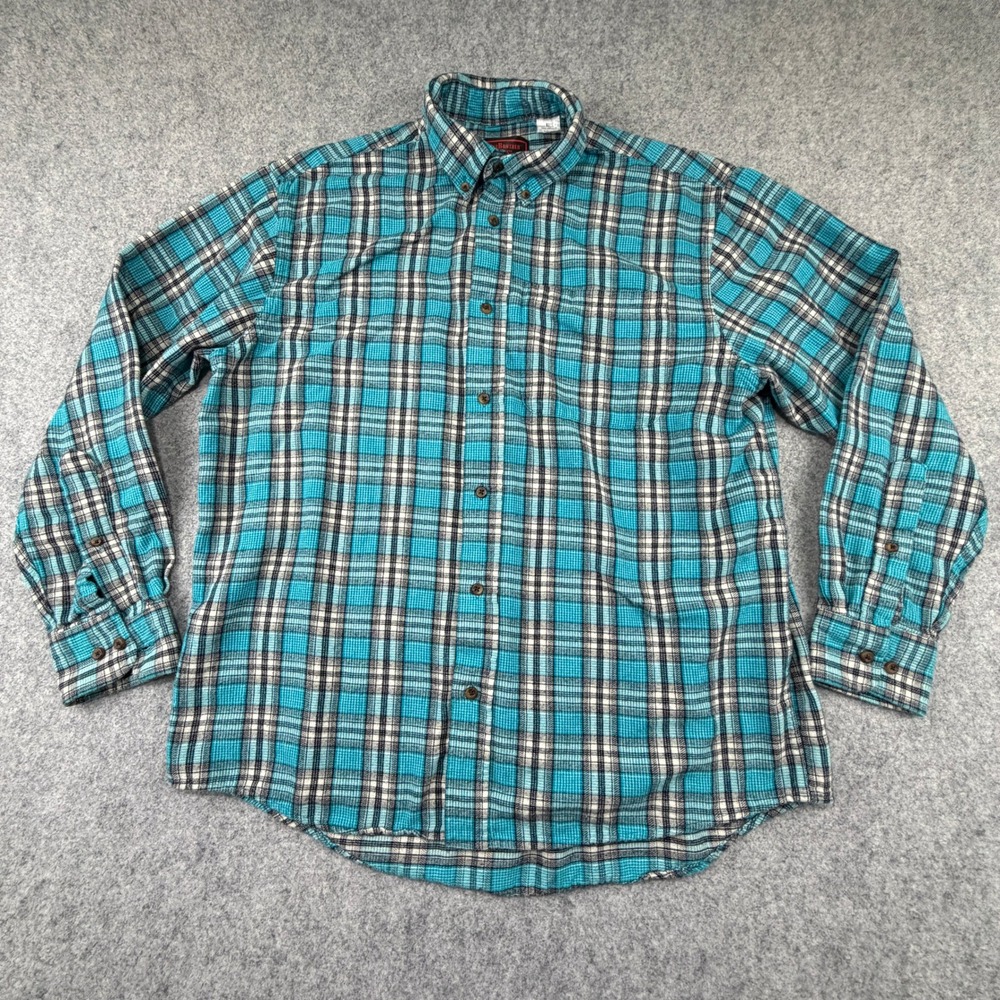 FiveBrother Mens Flannel Shirt L Turquoise Blue Black Plaid Cotton Button Down